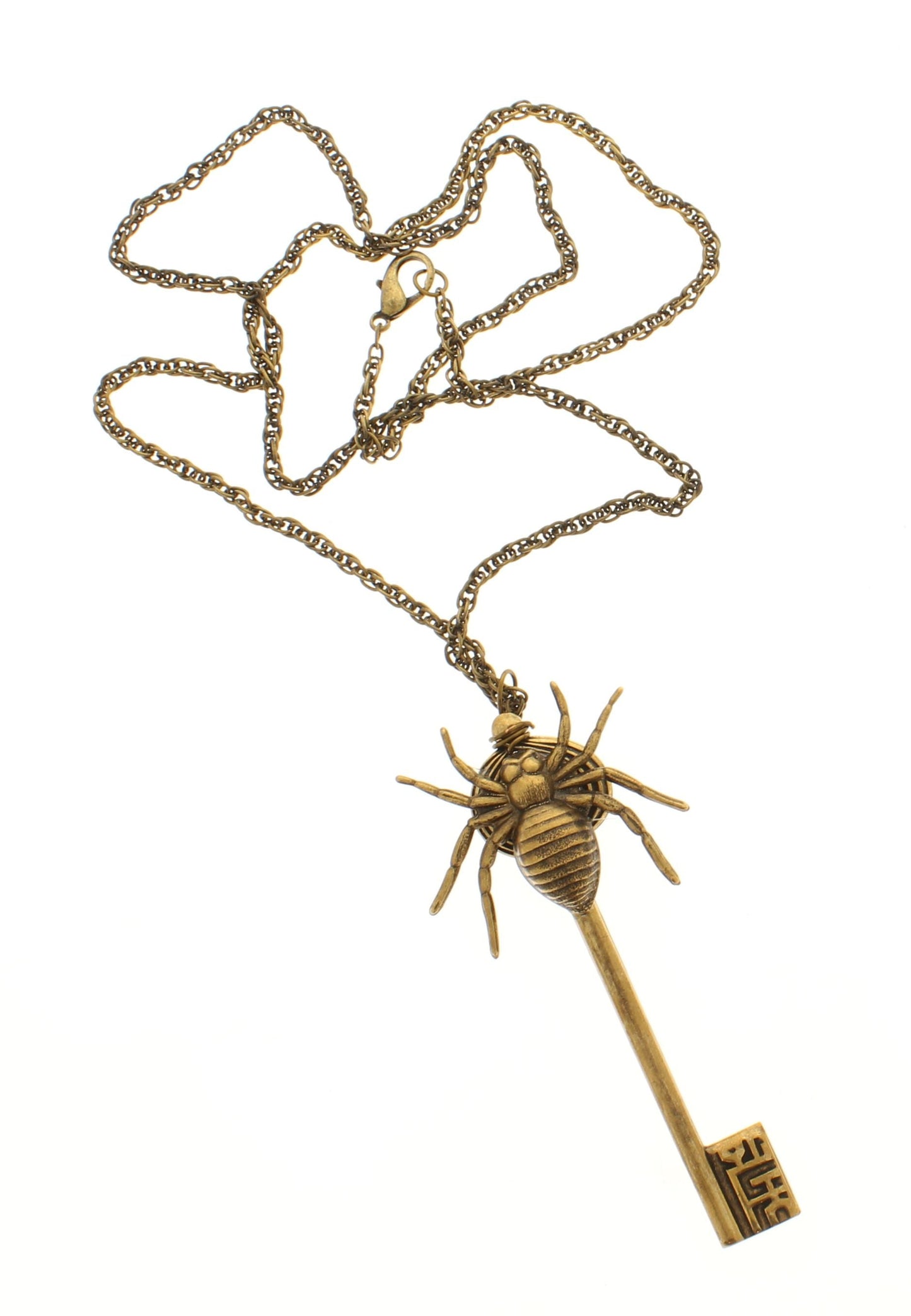 Weblocked – Spider Key Pendant Necklace in Gold, 83.8mm x 41.4mm, made in USA