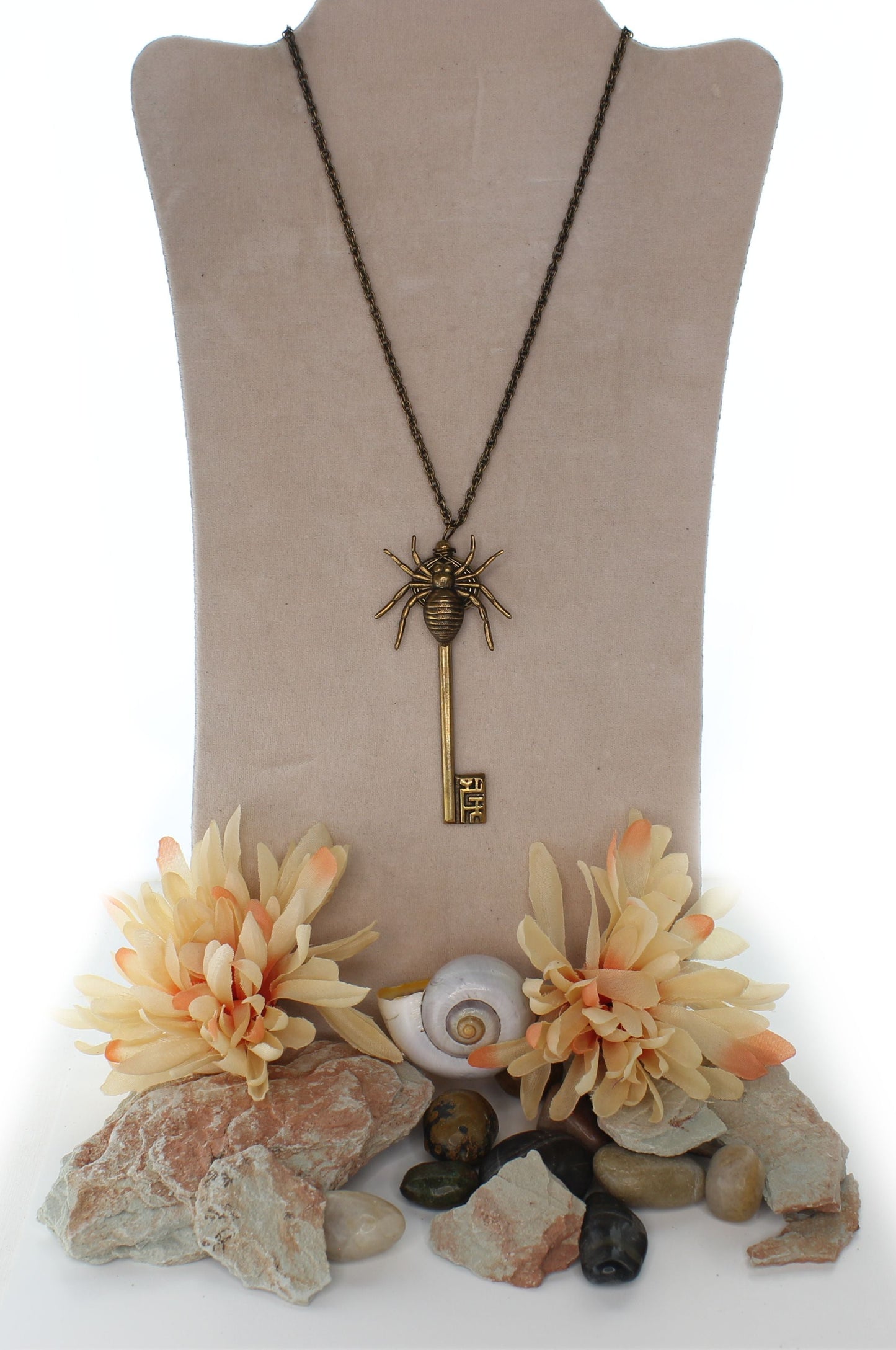 Weblocked – Spider Key Pendant Necklace in Gold, 83.8mm x 41.4mm, made in USA