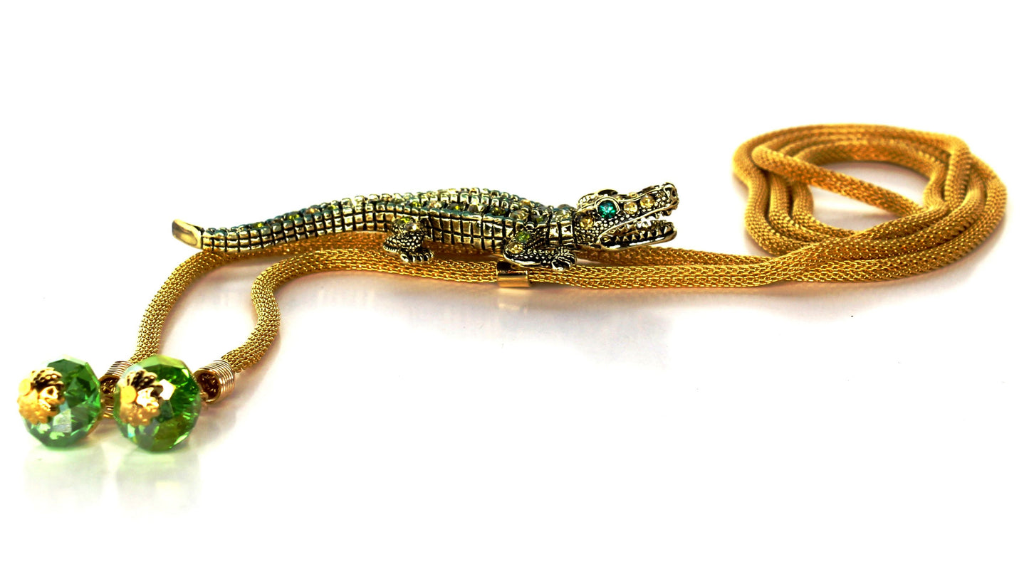 72mm Rhinestone Alligator Bolo Tie, 36" Gold Cord, made in USA, each