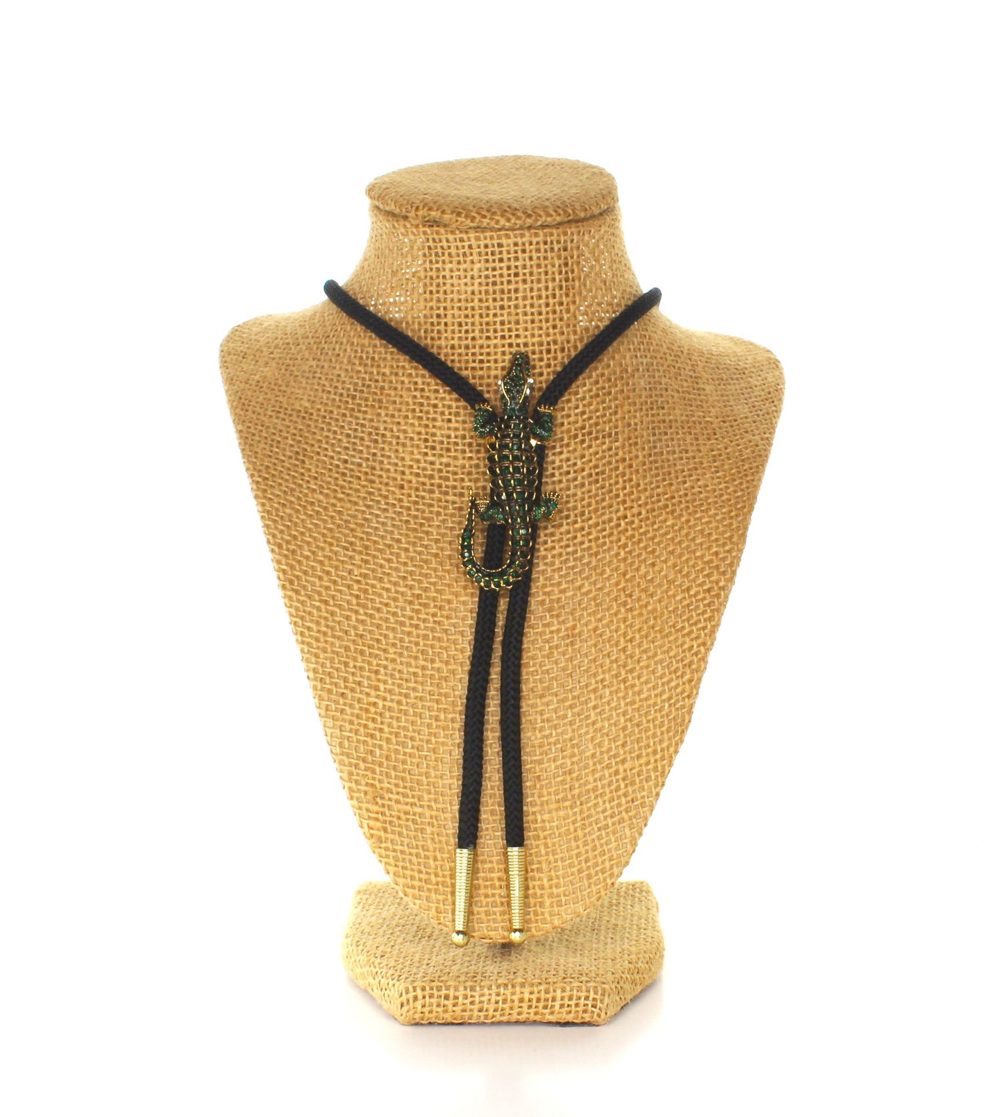 71mm x 25mm Rhinestone Alligator Bolo Tie (Black or White Cord), made in USA, each