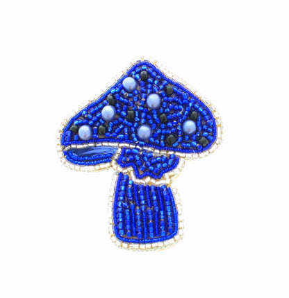 56mm x 48mm Blue Mushroom Embroidered Beaded Pin – Handmade Woodland Brooch, each