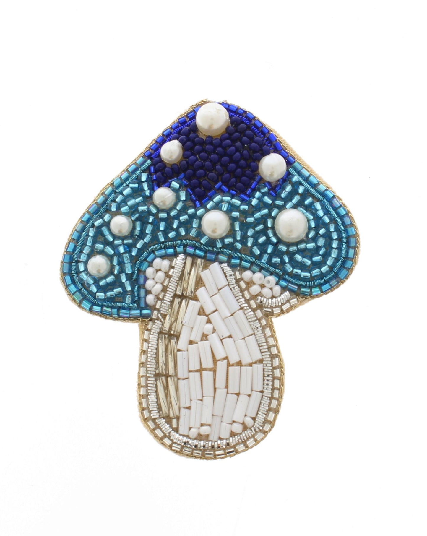 64mm x 53mm Blue Mushroom Embroidered Beaded Pin – Handmade Woodland Brooch, each