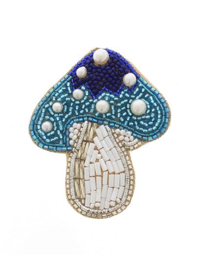64mm x 53mm Blue Mushroom Embroidered Beaded Pin – Handmade Woodland Brooch, each