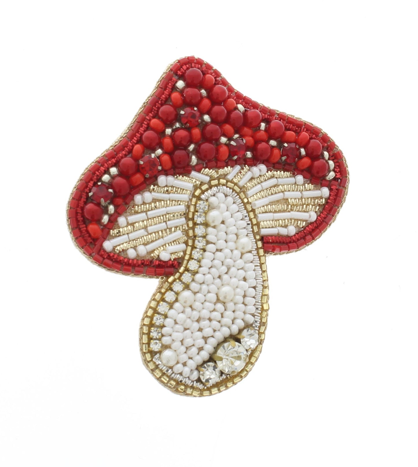 64mm x 56mm Red Toadstool Mushroom Beaded Pin – Handmade Embroidered Brooch, each