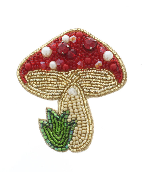 61mm x 54mm Red Mushroom Embroidered Beaded Pin – Handmade Woodland Brooch, each