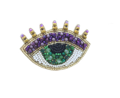 42mm x 59mm Green & Purple Evil Eye Beaded Pin – Handmade Embroidered Brooch, each