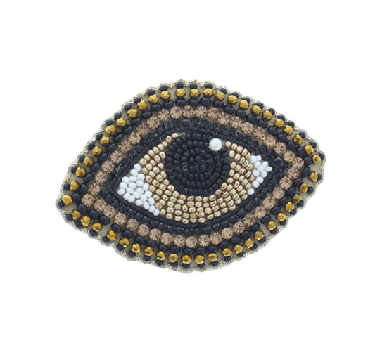 51mm x 73mm Black & Gold Evil Eye Beaded Pin – Handmade Embroidered Brooch, each