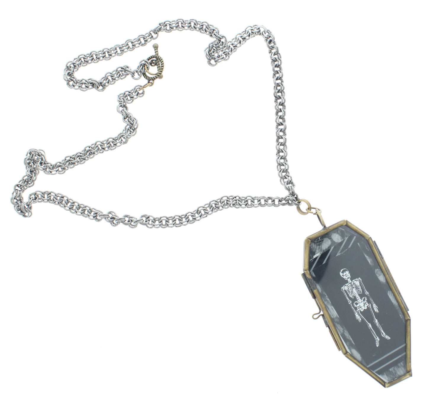 Rest in Glitter – Glass Coffin Necklace with Skeleton Cameo