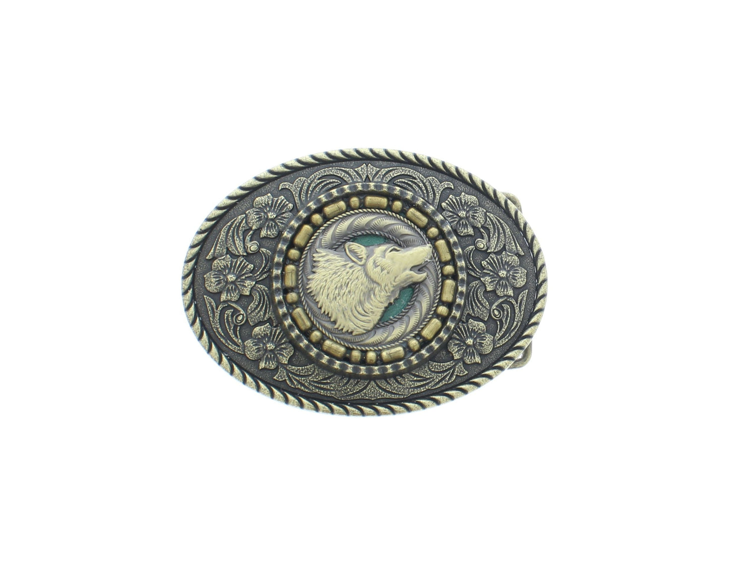 Rustic Wolf Head Belt Buckle – Oval Western Design with Nature Motifs, Made in USA, 66.5mm x 91.2mm