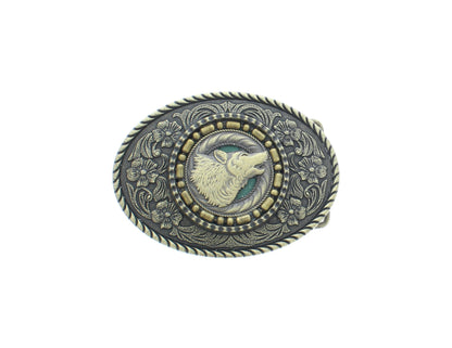 Rustic Wolf Head Belt Buckle – Oval Western Design with Nature Motifs, Made in USA, 66.5mm x 91.2mm
