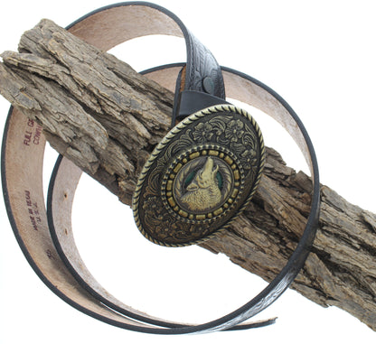 Rustic Wolf Head Belt Buckle – Oval Western Design with Nature Motifs, Made in USA, 66.5mm x 91.2mm