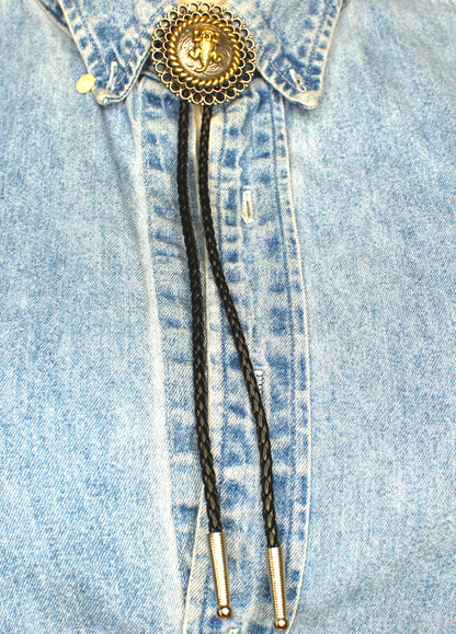 44mm Antique Gold and Silver Western Bolo Tie – Available on Black, Brown Leather, or Purple Nylon Cord, made in USA, each