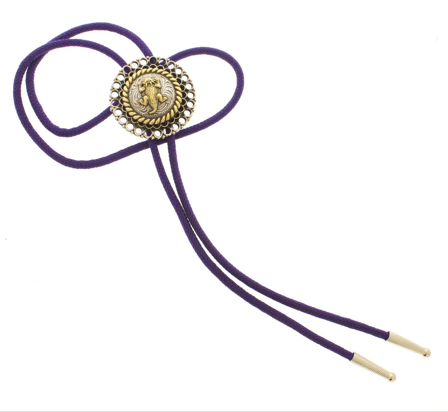 44mm Antique Gold and Silver Western Bolo Tie – Available on Black, Brown Leather, or Purple Nylon Cord, made in USA, each