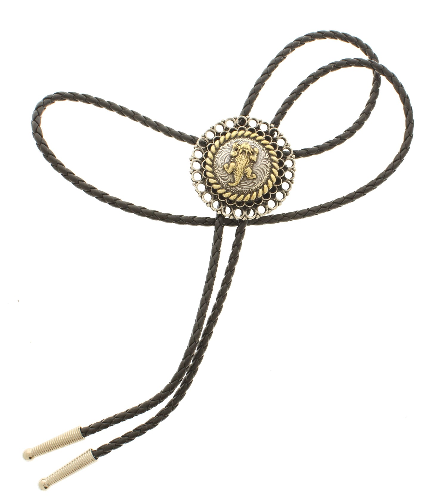 44mm Antique Gold and Silver Western Bolo Tie – Available on Black, Brown Leather, or Purple Nylon Cord, made in USA, each