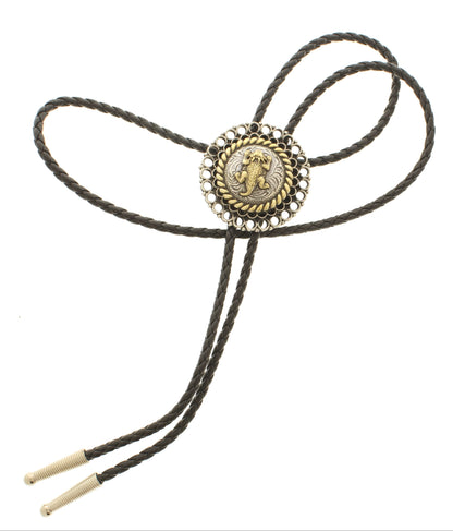 44mm Antique Gold and Silver Western Bolo Tie – Available on Black, Brown Leather, or Purple Nylon Cord, made in USA, each