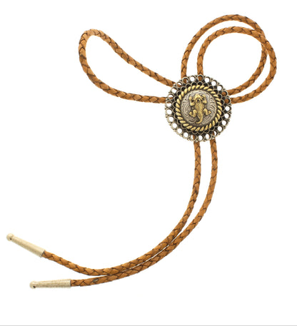 44mm Antique Gold and Silver Western Bolo Tie – Available on Black, Brown Leather, or Purple Nylon Cord, made in USA, each