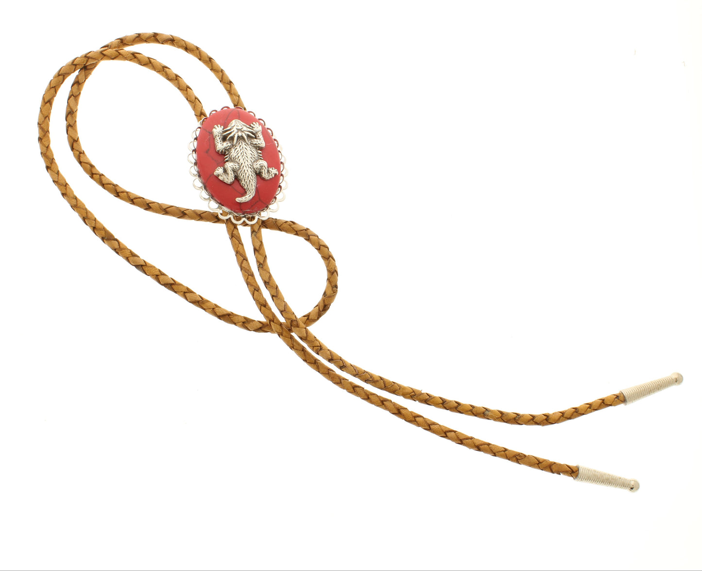 46mm x 36mm Red Stone Bolo Tie with Silver Horned Toad, made in USA, each