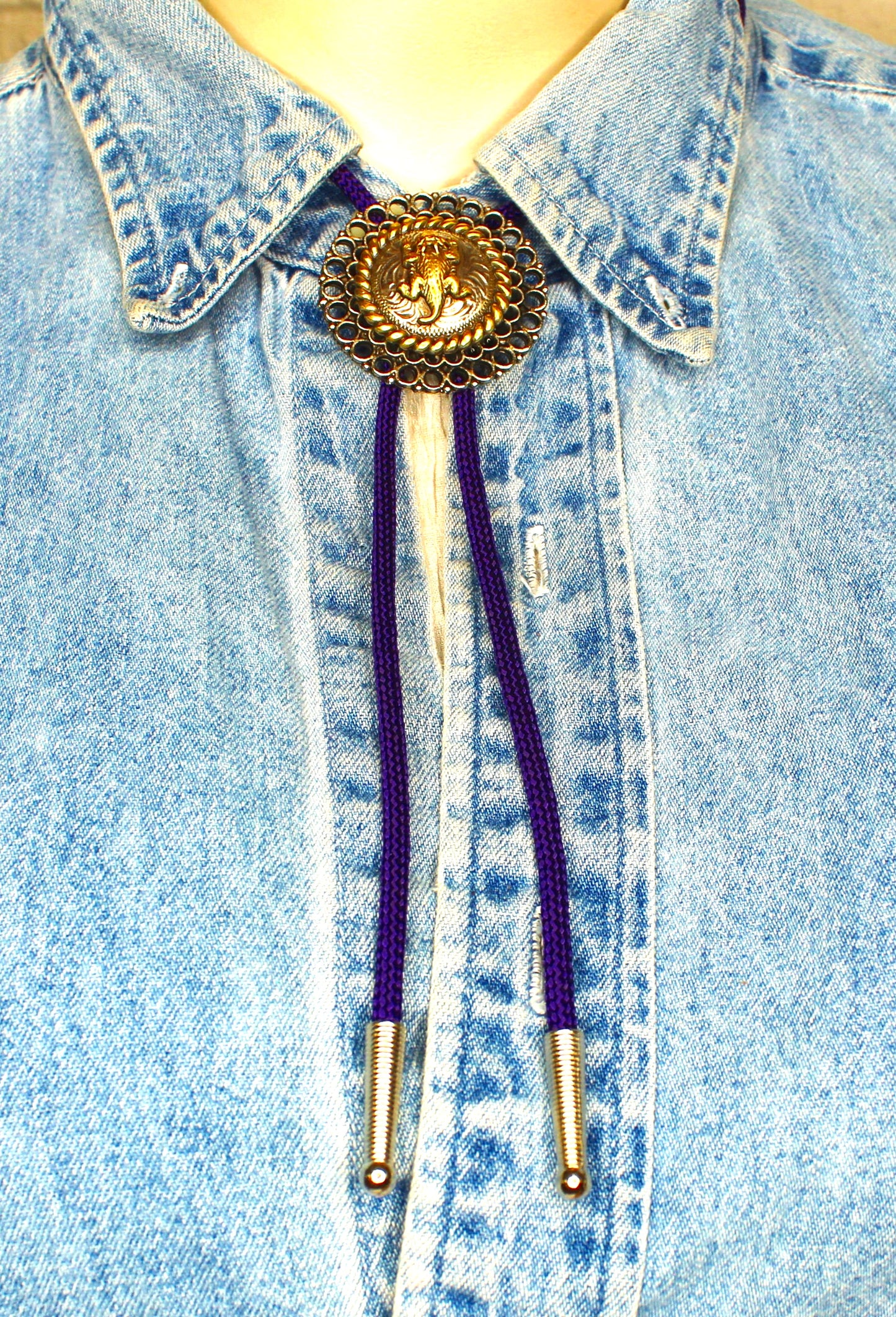 44mm Antique Gold and Silver Western Bolo Tie – Available on Black, Brown Leather, or Purple Nylon Cord, made in USA, each