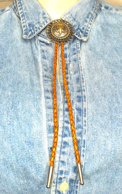 44mm Antique Gold and Silver Western Bolo Tie – Available on Black, Brown Leather, or Purple Nylon Cord, made in USA, each