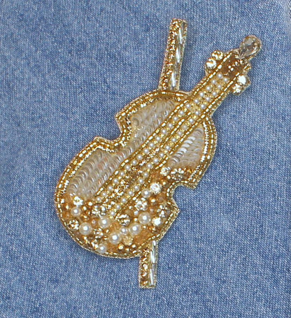 82mm x 81mm Sequin Violin with Bow Hat Pin, each