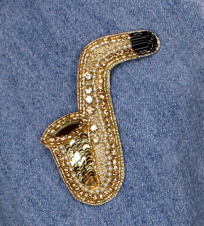 70mm x 66mm Sequin Saxophone Hat Pin Brooch, each