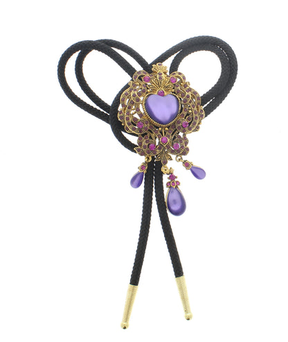 64mm x 50mm Gold Brooch with Purple Heart Stone Bolo Tie, 36" cord, each