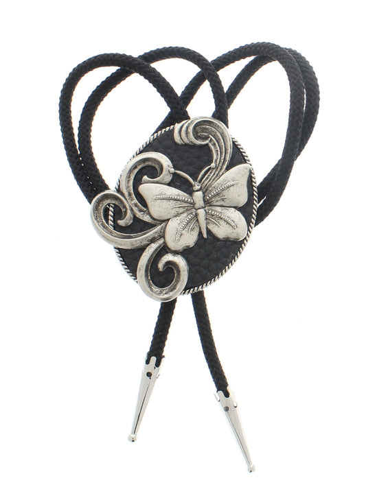 68mm x 58mm Silver Butterfly Bolo Tie, 36" cord, made in USA, each