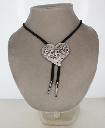 53mm x 60mm Silver Heart Paris Bolo Tie, 36" cord, made in USA, each