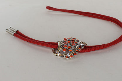 45mm x 50mm Red Rhinestone Crown Bolo Tie, 36" Red Cord, made in USA, each