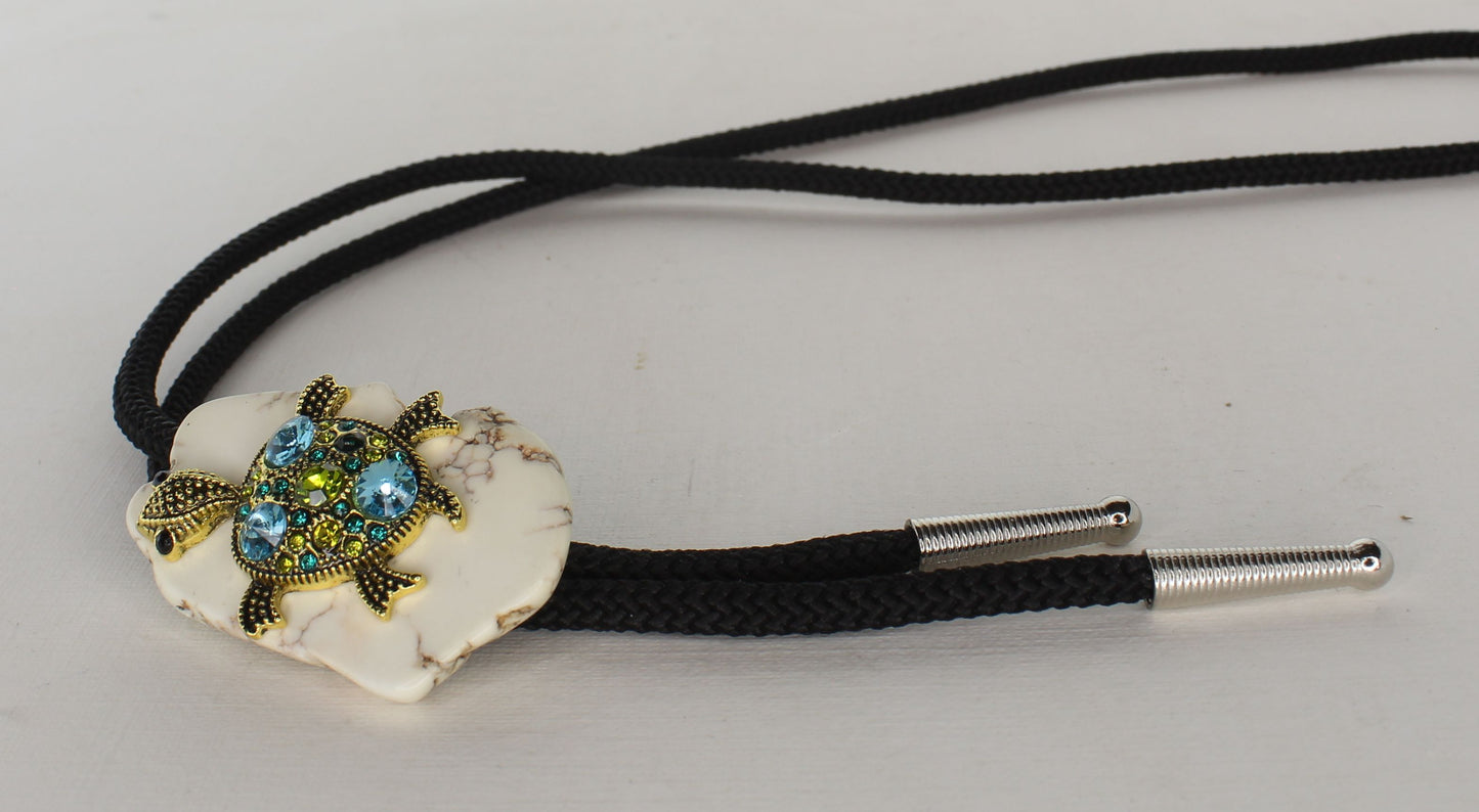 50mm x 33mm Gemstone Turtle and White Turquoise Bolo Tie, made in USA, each