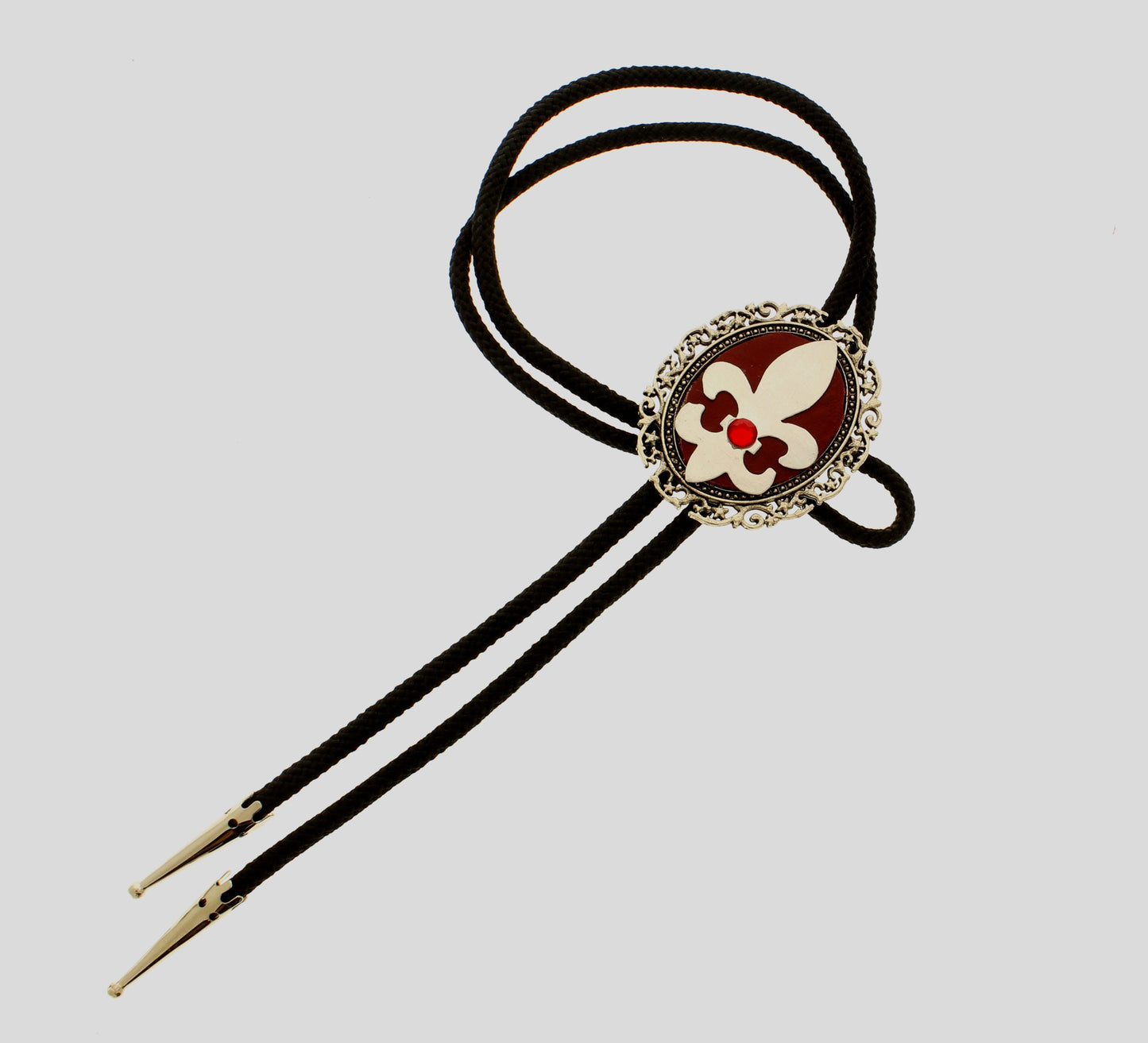 Crimson Crest: Fleur-de-Lis Medallion & Silver Border Bolo Tie, 48.3mm x 57.7mm