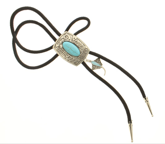 Turquoise Crest Bolo Tie – With Ornamental Drop, Made in USA, 38.8mm x 48.6mm