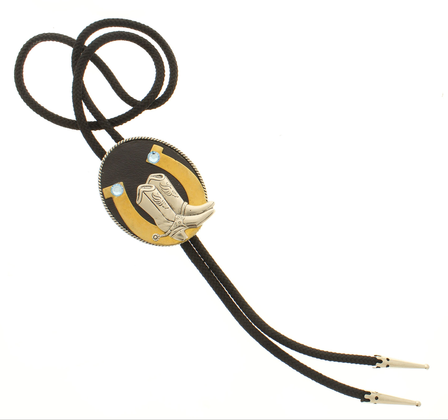 Cowboy Honor Bolo Tie – Boots & Horseshoe Emblem, Made in USA, 51.3mm x 63.8mm