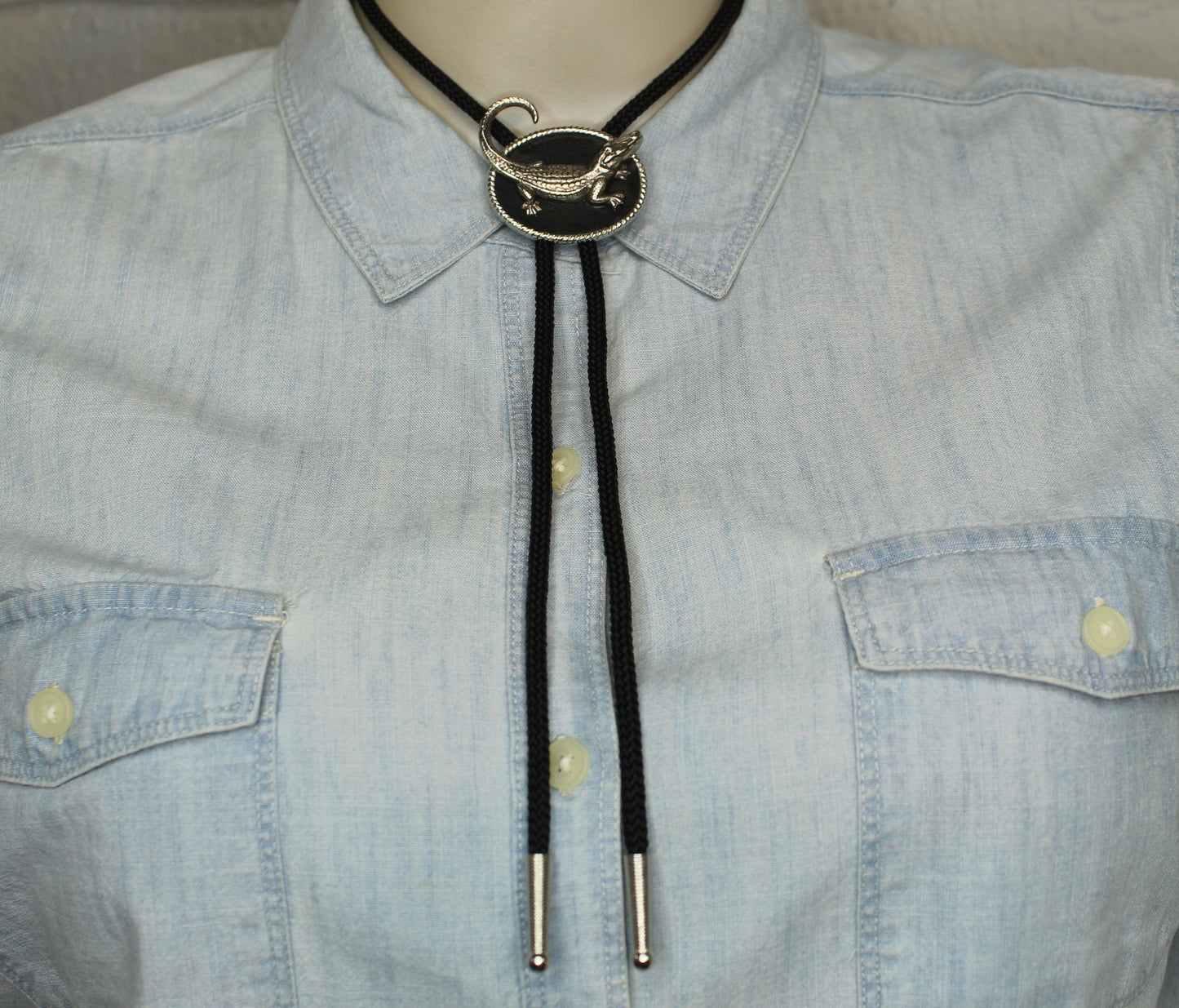 Midnight Marsh Bolo Tie – Sculpted Alligator on Black Enamel, made in USA, 43.6mm x 48mm