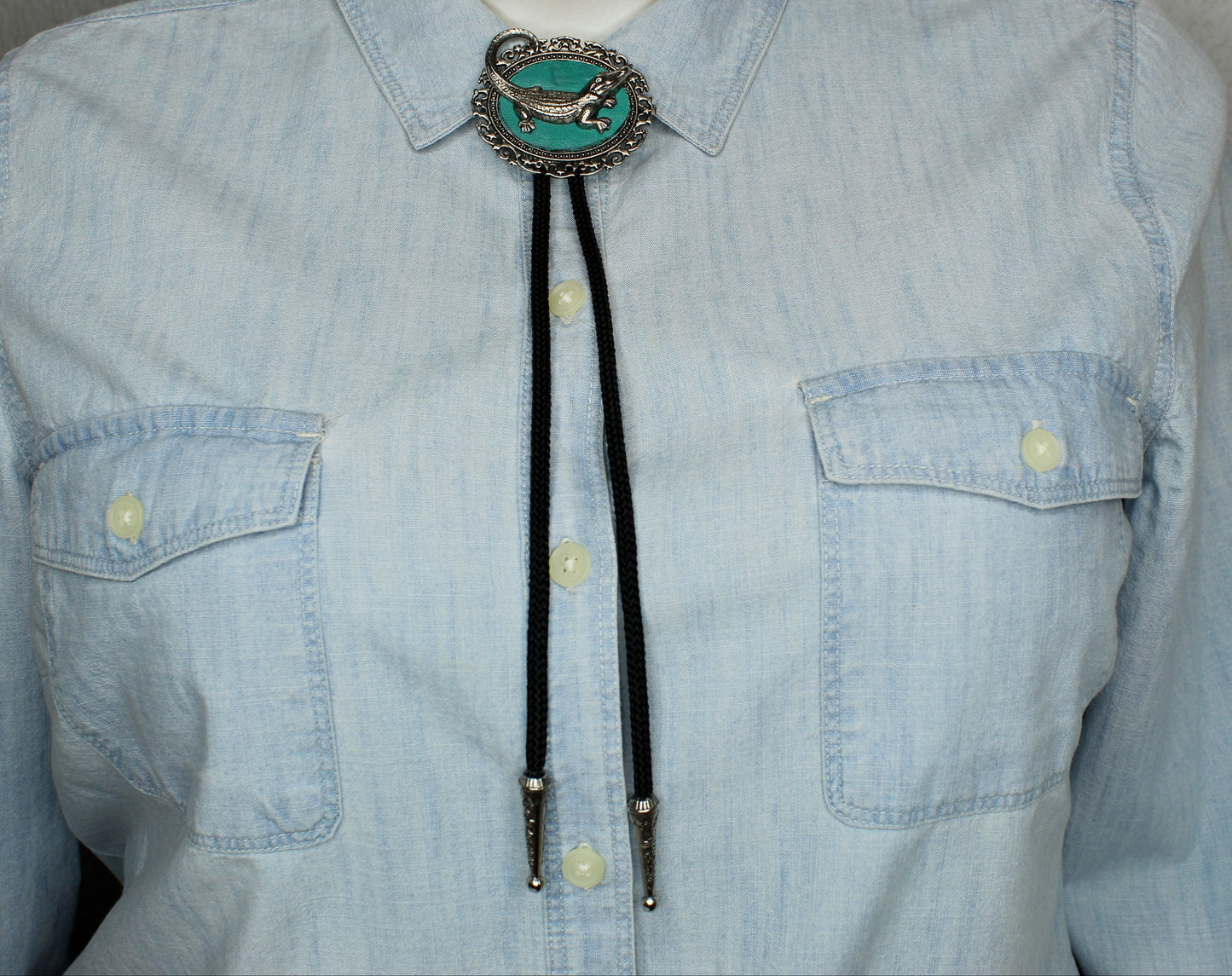 Bayou Baron Bolo Tie – 3D Alligator on Teal Leather, Made in USA, 48.3mm x 57.3mm