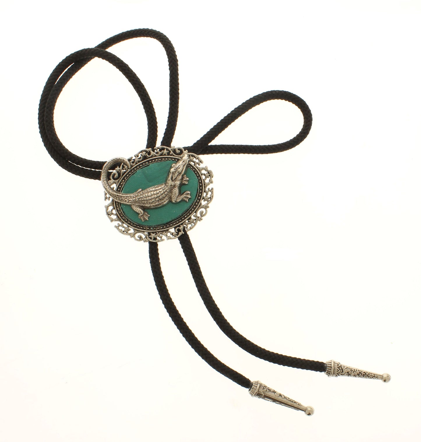 Bayou Baron Bolo Tie – 3D Alligator on Teal Leather, Made in USA, 48.3mm x 57.3mm