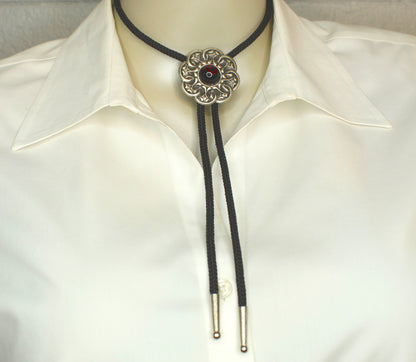 Red Ember Bolo Tie – Ornate Silver with Central Stone, Made in USA, 43.5mm
