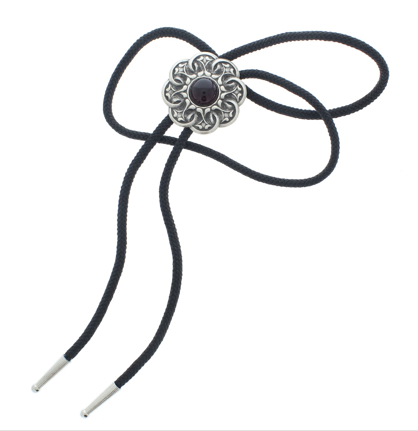 Red Ember Bolo Tie – Ornate Silver with Central Stone, Made in USA, 43.5mm