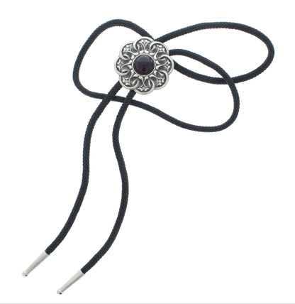 Red Ember Bolo Tie – Ornate Silver with Central Stone, Made in USA, 43.5mm