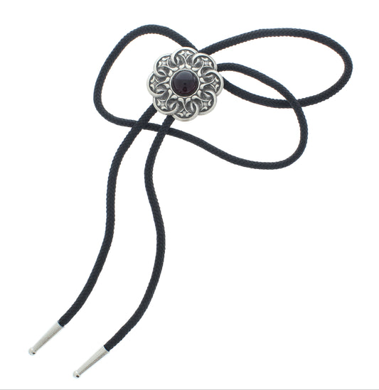 Red Ember Bolo Tie – Ornate Silver with Central Stone, Made in USA, 43.5mm