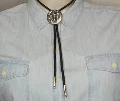 Sculpted Stallion Bolo Tie – 3D Horse Head & Silver Horseshoe, Made in USA, 42.1mm