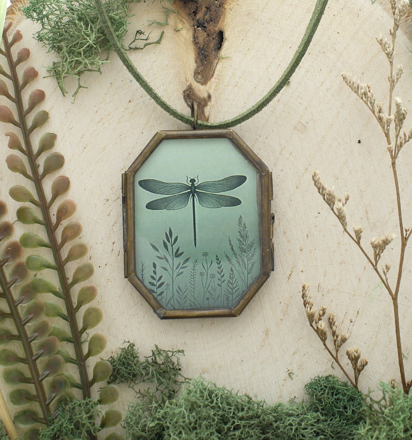 53mm x 42mm Sage Dragonfly Locket, made in USA, each