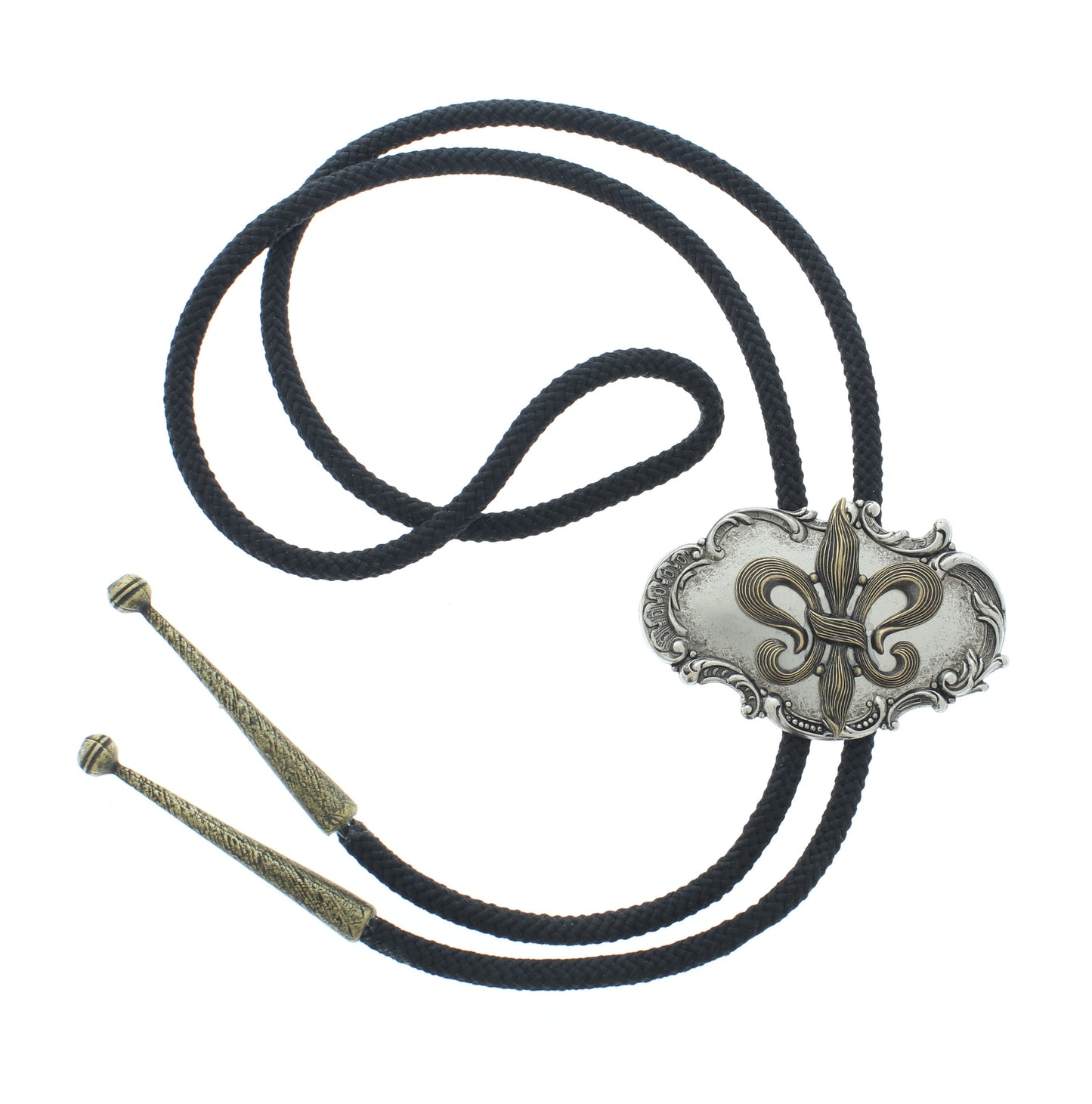 41mm x 64mm Gold & Silver Fleur De Lis Bolo Tie, made in USA, each