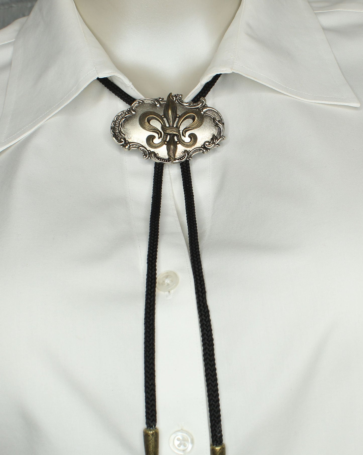 41mm x 64mm Gold & Silver Fleur De Lis Bolo Tie, made in USA, each