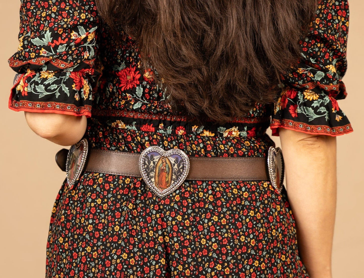 Virgin de Guadelupe Concho Icon Leather Belt, vintage images on 5 heart conchos with crystal, HandMade in USA