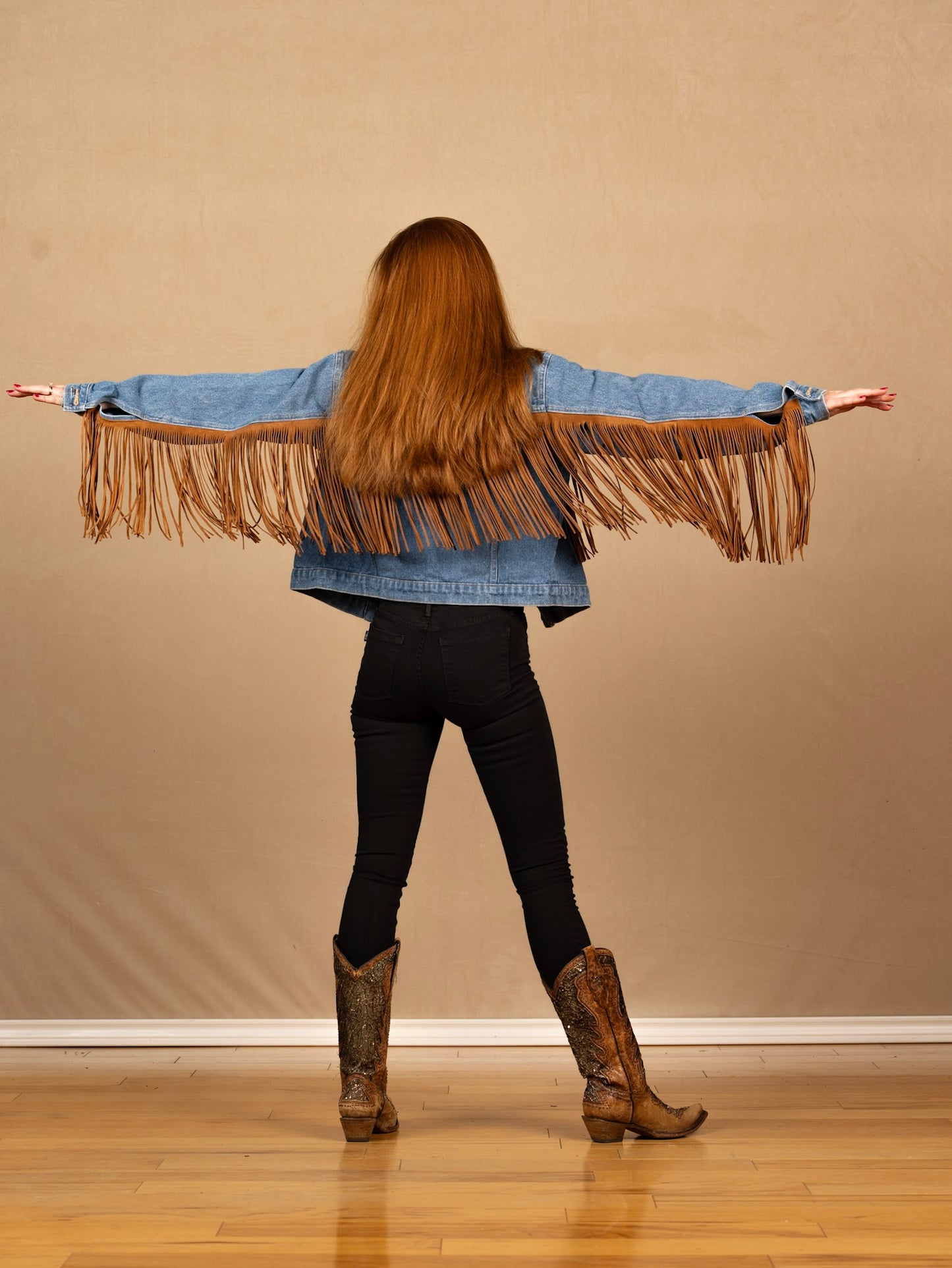 Light or Dark Brown Suede Leather Fringe Denim Jacket, made in USA