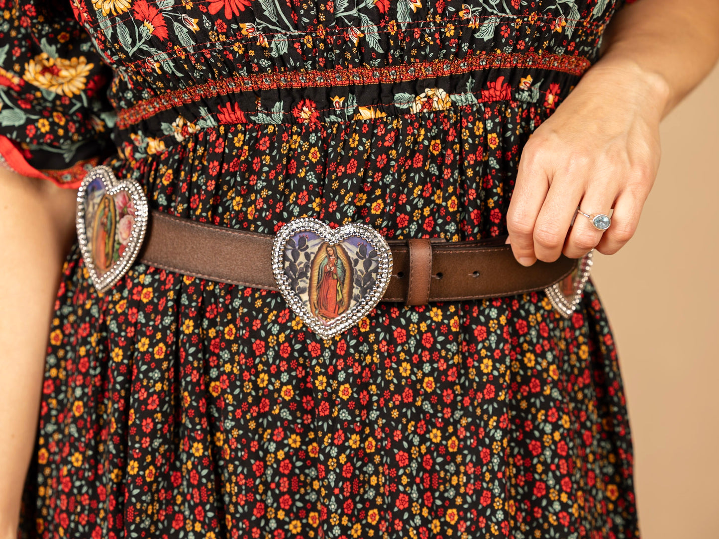 Virgin de Guadelupe Concho Icon Leather Belt, vintage images on 5 heart conchos with crystal, HandMade in USA