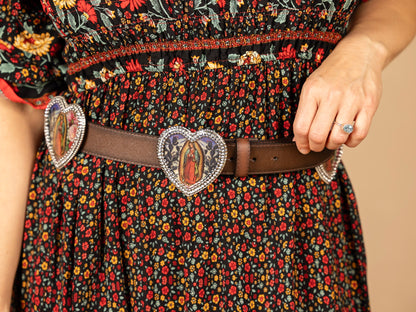 Virgin de Guadelupe Concho Icon Leather Belt, vintage images on 5 heart conchos with crystal, HandMade in USA