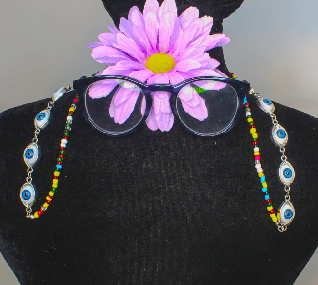 Evil Blue Eye Glass Chain with Multi-Colored Beads, made in USA, each