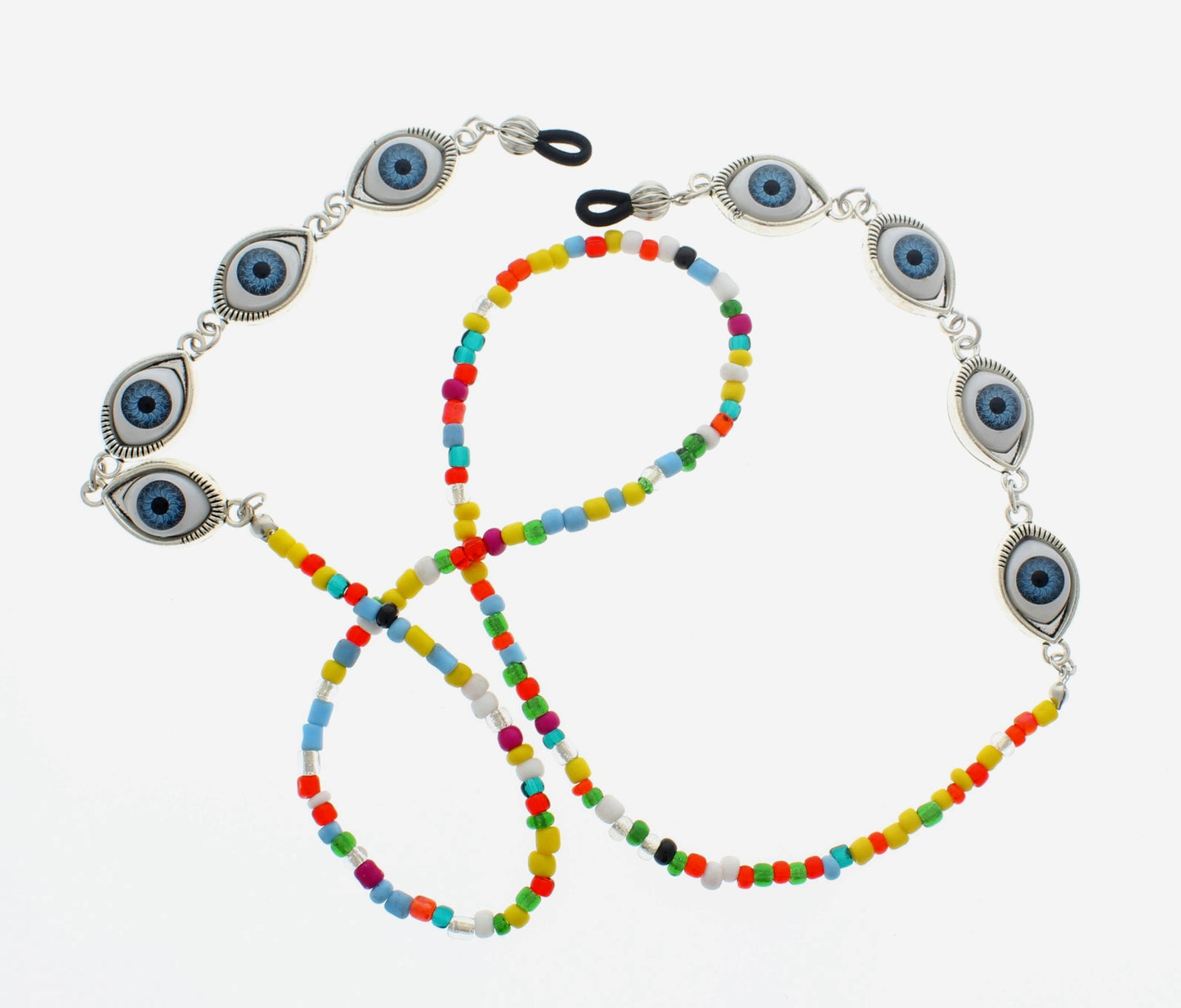 Evil Blue Eye Glass Chain with Multi-Colored Beads, made in USA, each